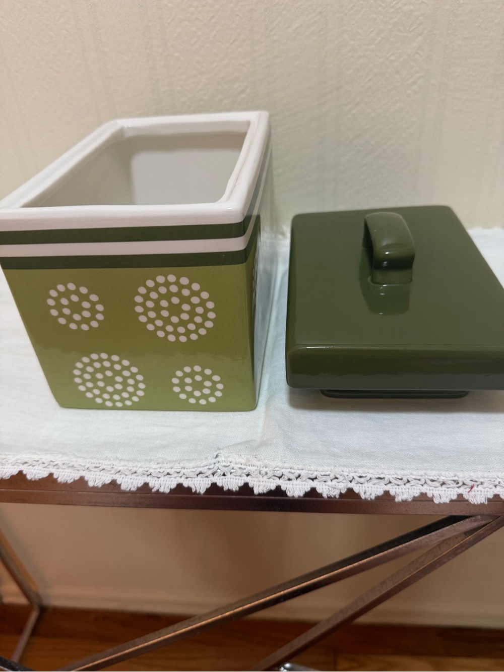 Green Ceramic Canister with Lid - Polka Dot Design